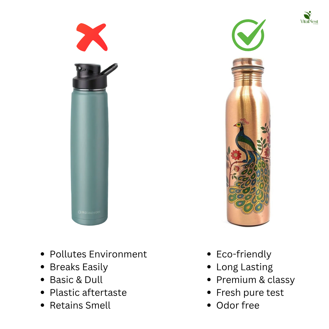 Peacock Design Copper Water Bottle – 1L Leakproof & Ayurvedic