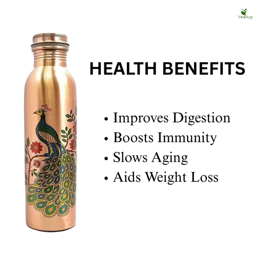 Peacock Design Copper Water Bottle – 1L Leakproof & Ayurvedic