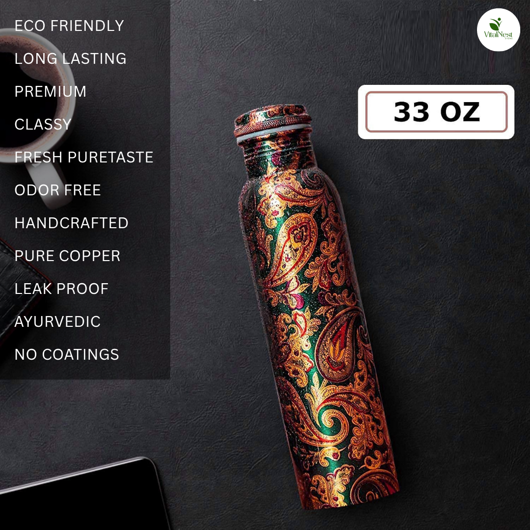 Designer Copper Water Bottle – 1L Leakproof & Ayurvedic | Lacquer Coated